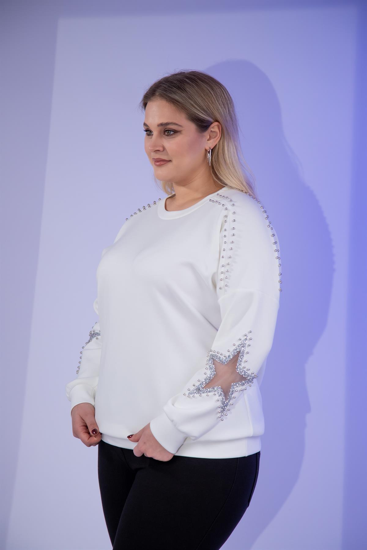 Büyük Beden 1211027 Yıldız Taşlı Sweat  Beyaz