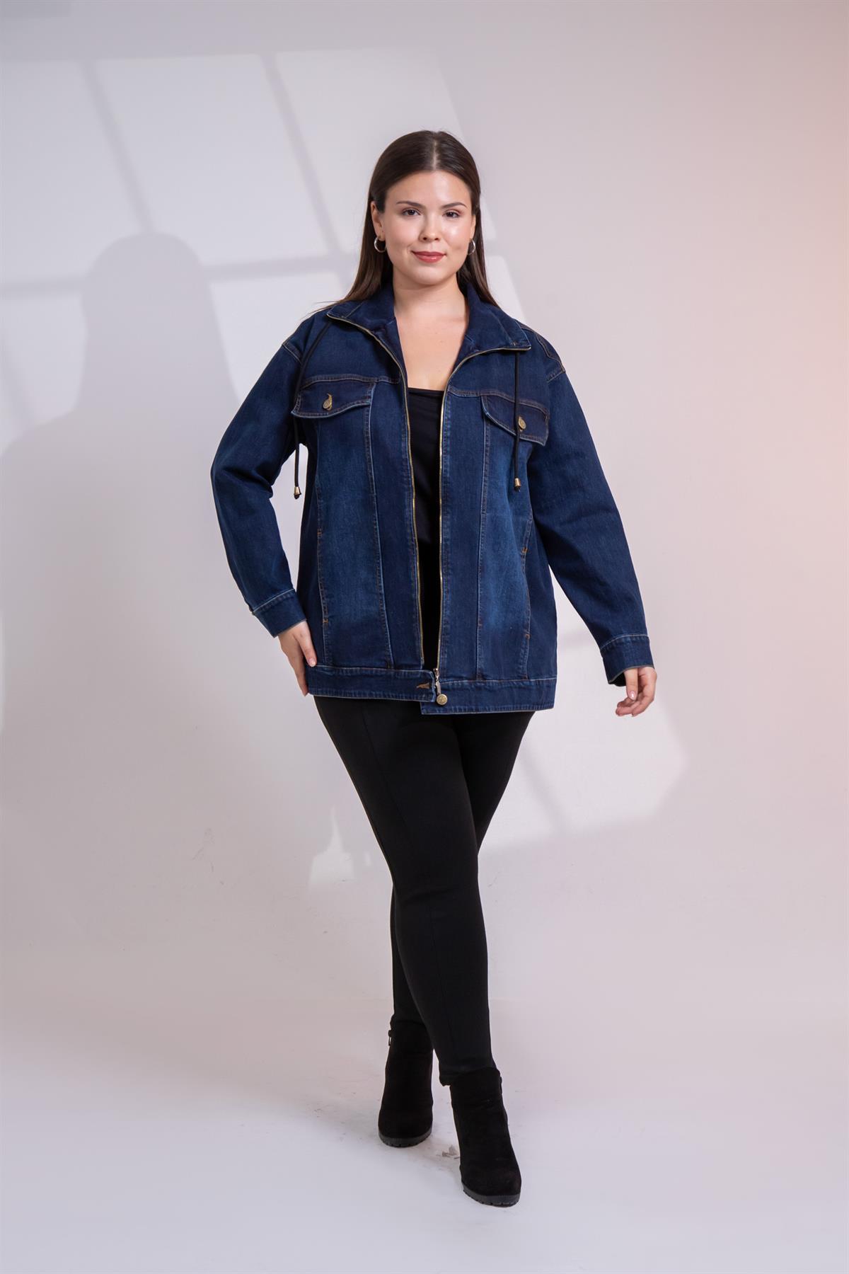 Büyük Beden 1211039 Fermuar Detaylı Denim Ceket  Lacivert