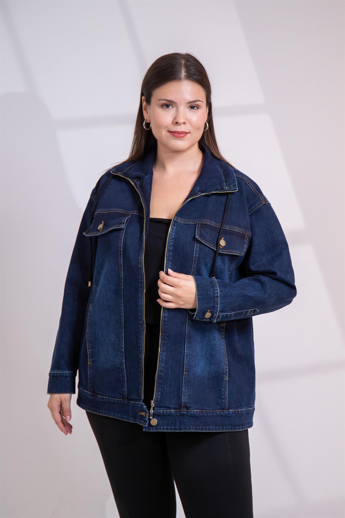 Büyük Beden 1211039 Fermuar Detaylı Denim Ceket  Lacivert