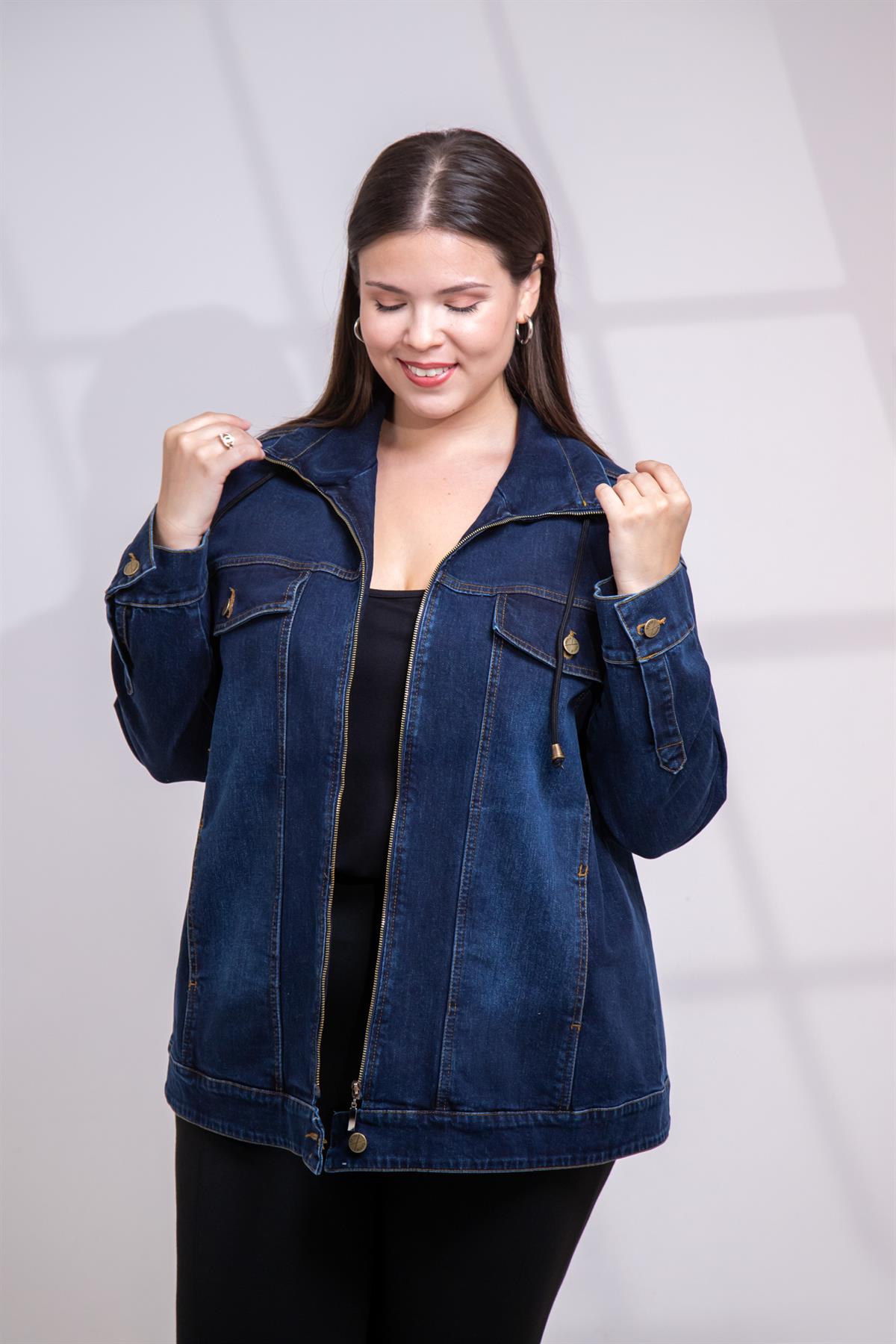Büyük Beden 1211039 Fermuar Detaylı Denim Ceket  Lacivert