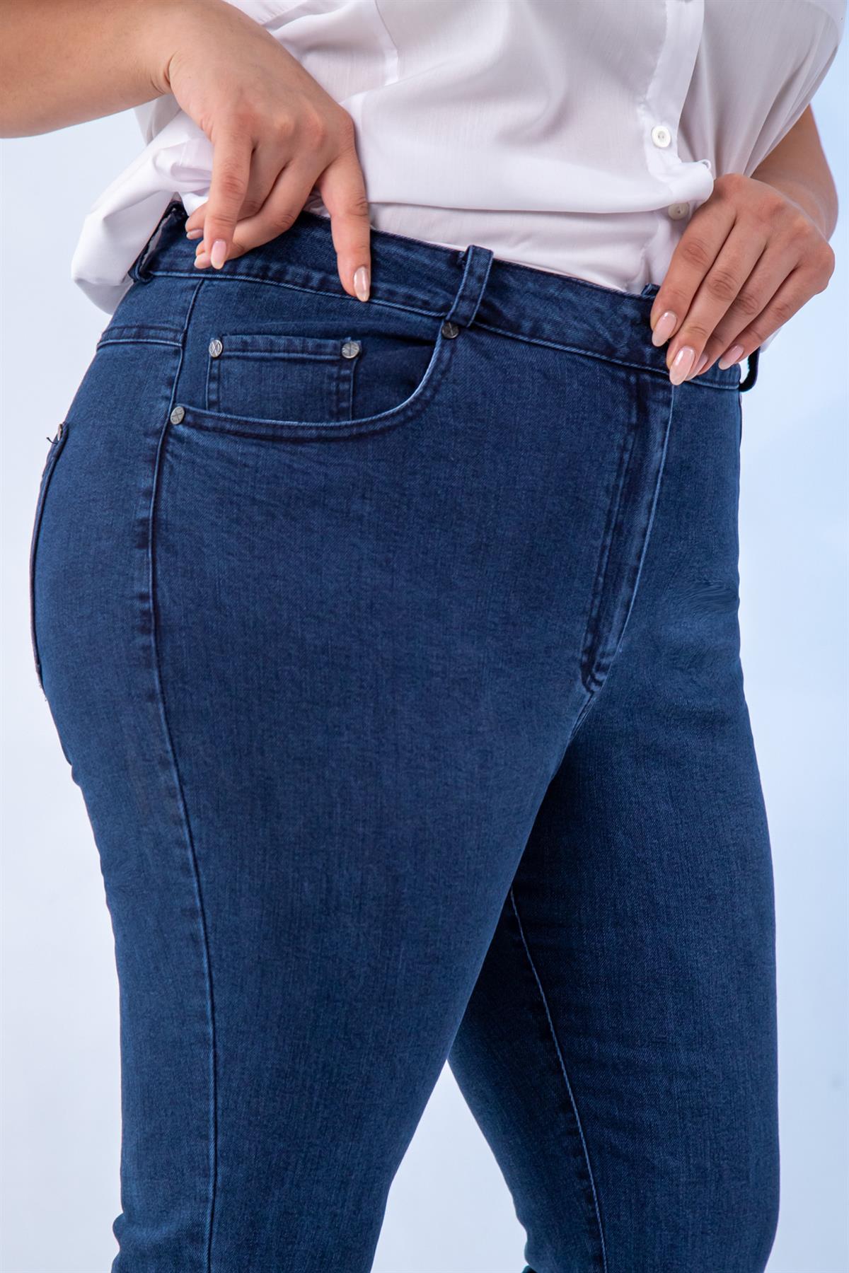 Büyük Beden 1211052 Paça Fiyonklu Denim Pantolon  Lacivert