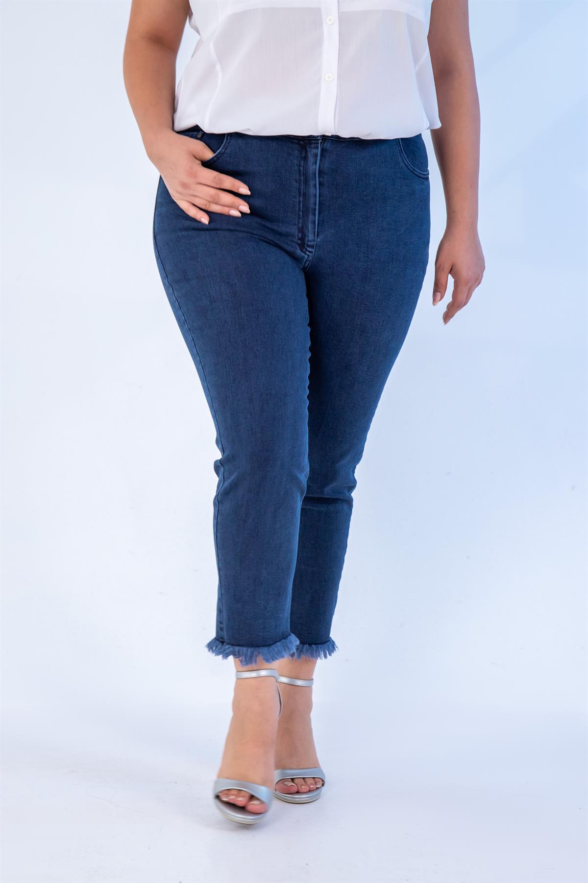 Büyük Beden 1211052 Paça Fiyonklu Denim Pantolon  Lacivert