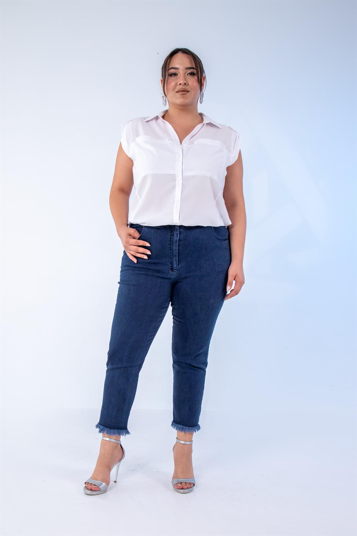 Büyük Beden 1211052 Paça Fiyonklu Denim Pantolon  Lacivert