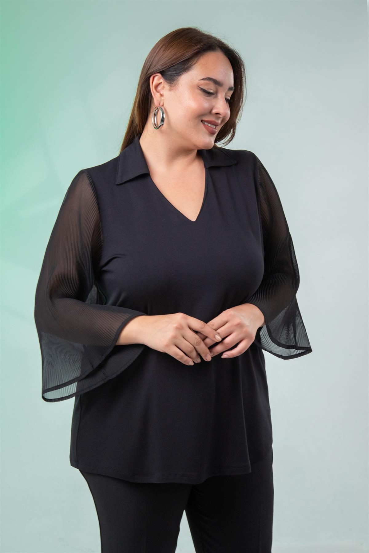 Büyük Beden 1211081 Kolu Pliseli Bluz  Siyah