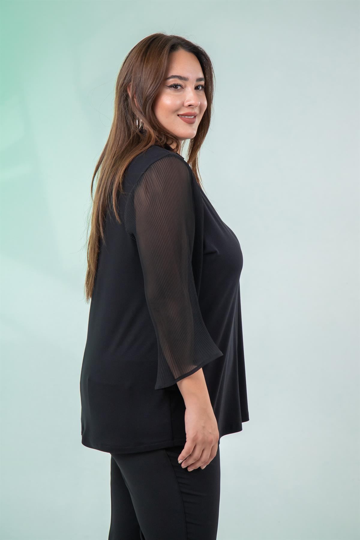 Büyük Beden 1211081 Kolu Pliseli Bluz  Siyah