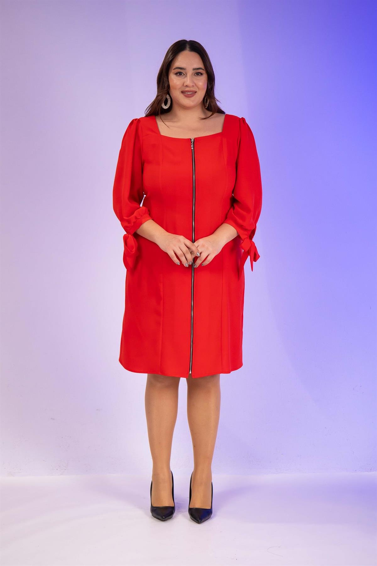 Büyük Beden 1211086 Önü Fermuarlı Elbise  Kırmızı