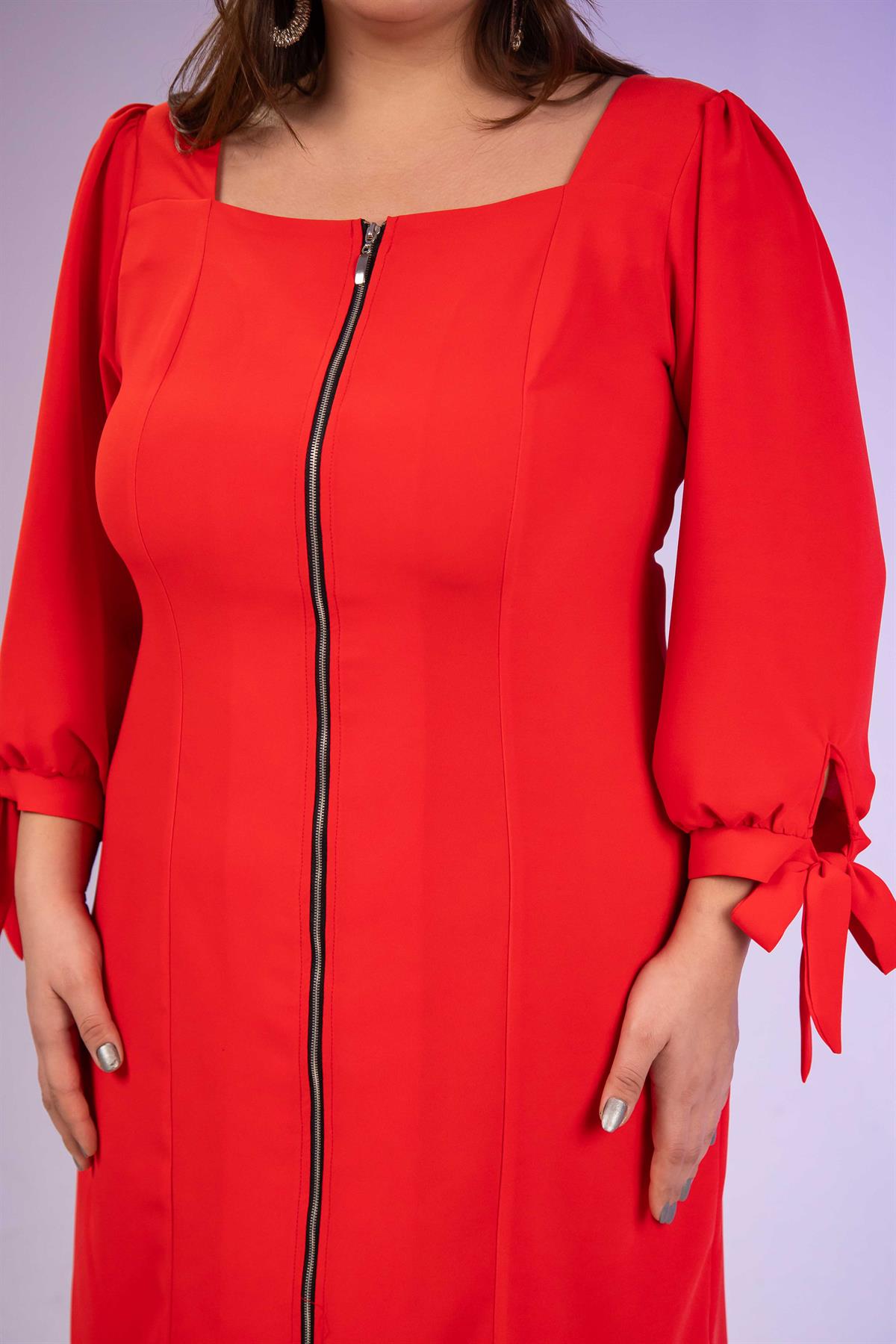 Büyük Beden 1211086 Önü Fermuarlı Elbise  Kırmızı