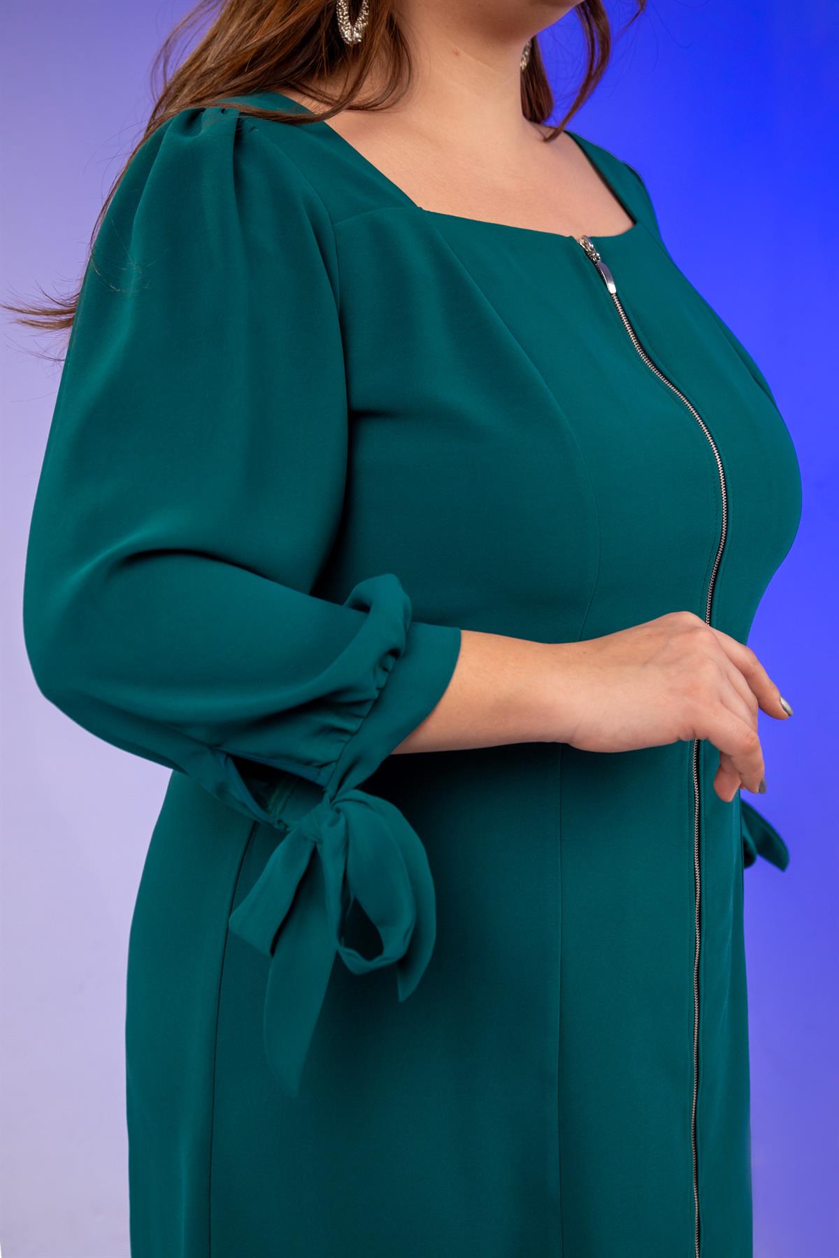 Büyük Beden 1211086 Önü Fermuarlı Elbise  Yeşıl