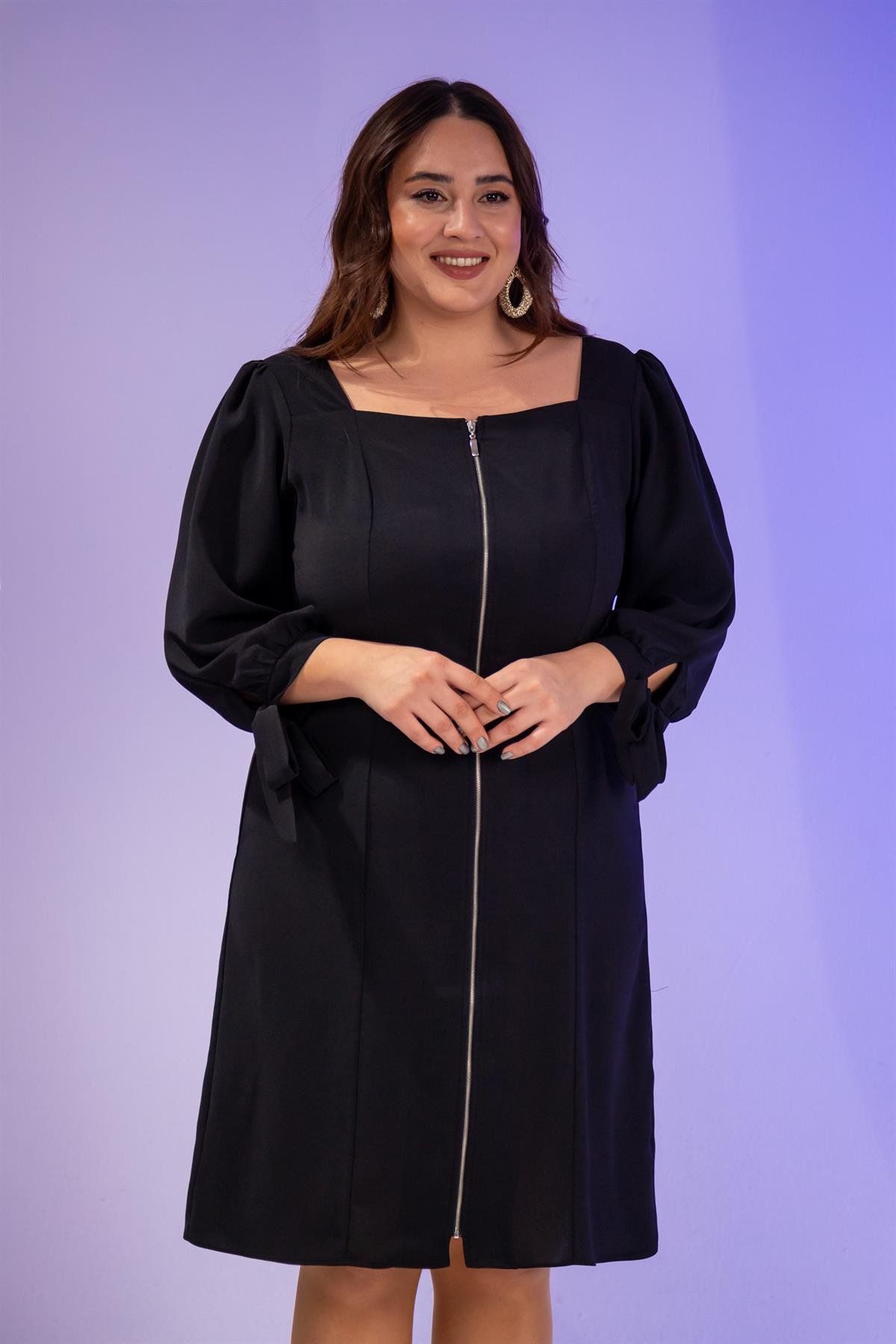 Büyük Beden 1211086 Önü Fermuarlı Elbise  Siyah