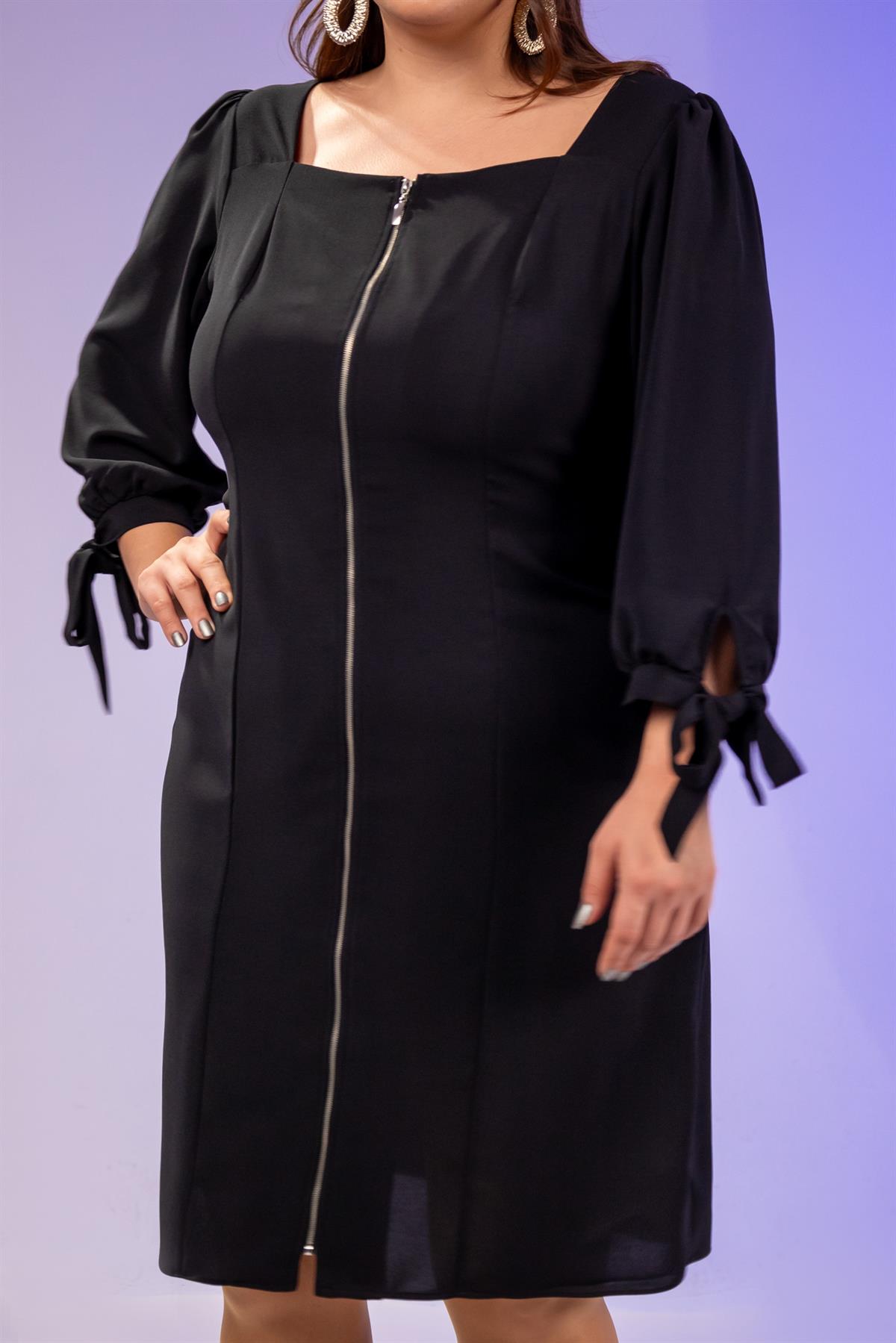 Büyük Beden 1211086 Önü Fermuarlı Elbise  Siyah
