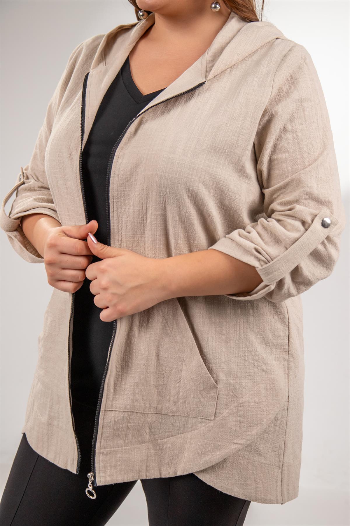 Büyük Beden 1211091 Kapüşonlu Keten Kap  Bej