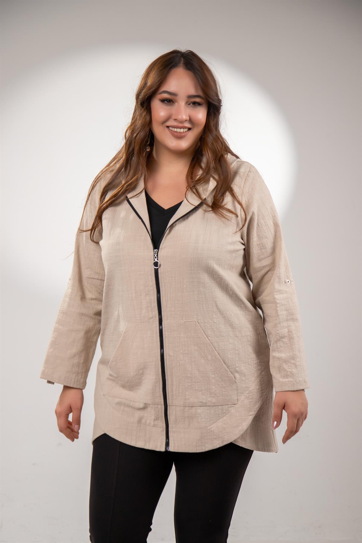 Büyük Beden 1211091 Kapüşonlu Keten Kap  Bej