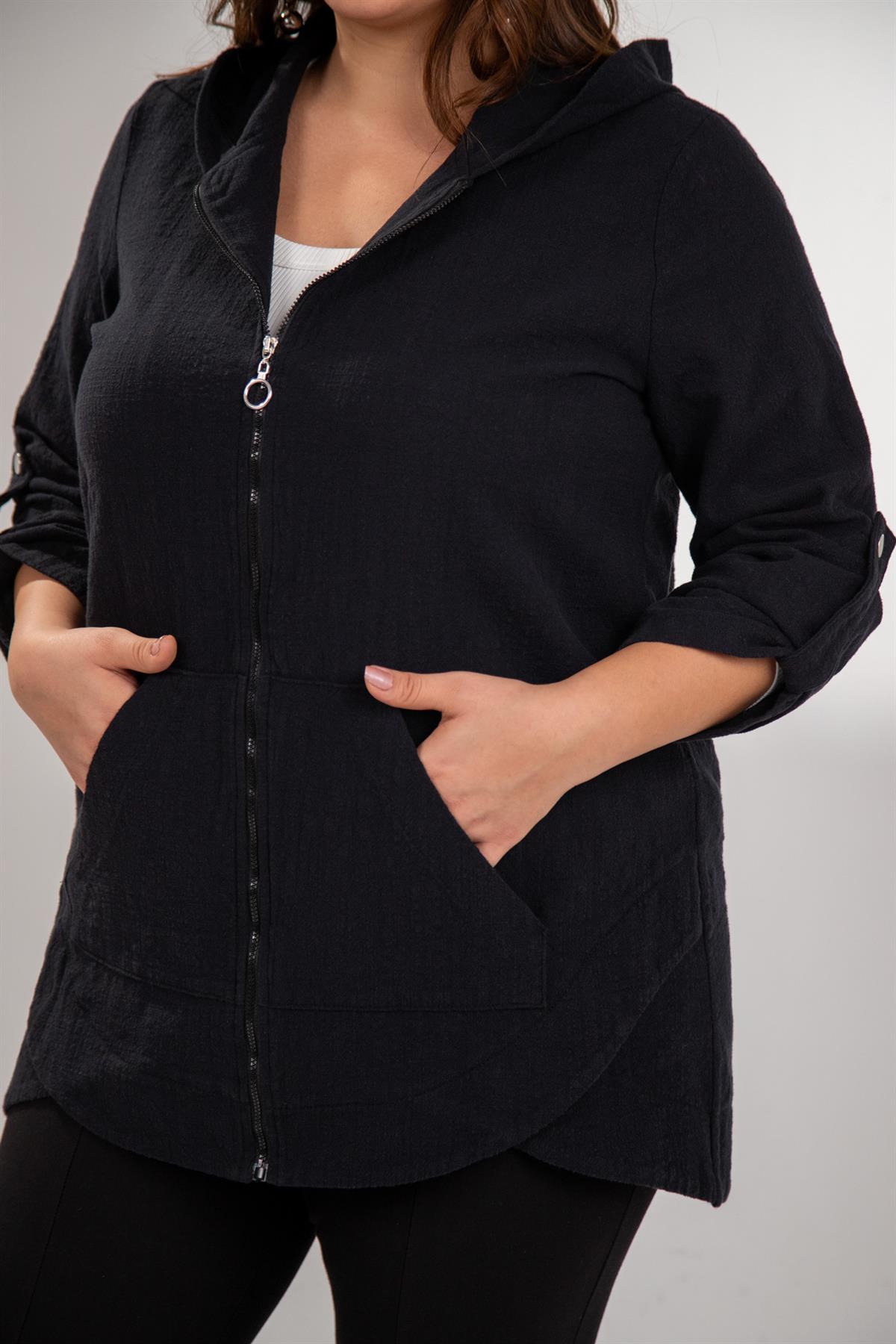 Büyük Beden 1211091 Kapüşonlu Keten Kap  Siyah