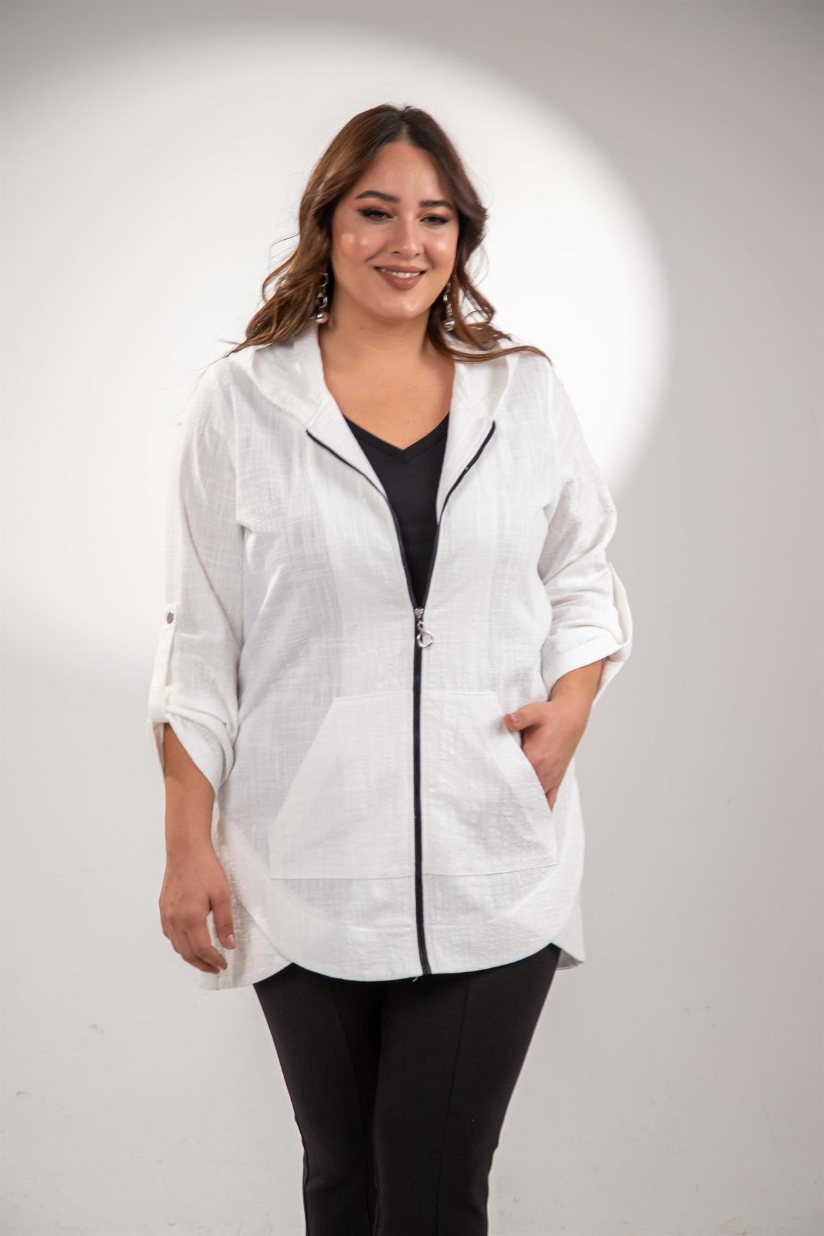 Büyük Beden 1211091 Kapüşonlu Keten Kap  Beyaz