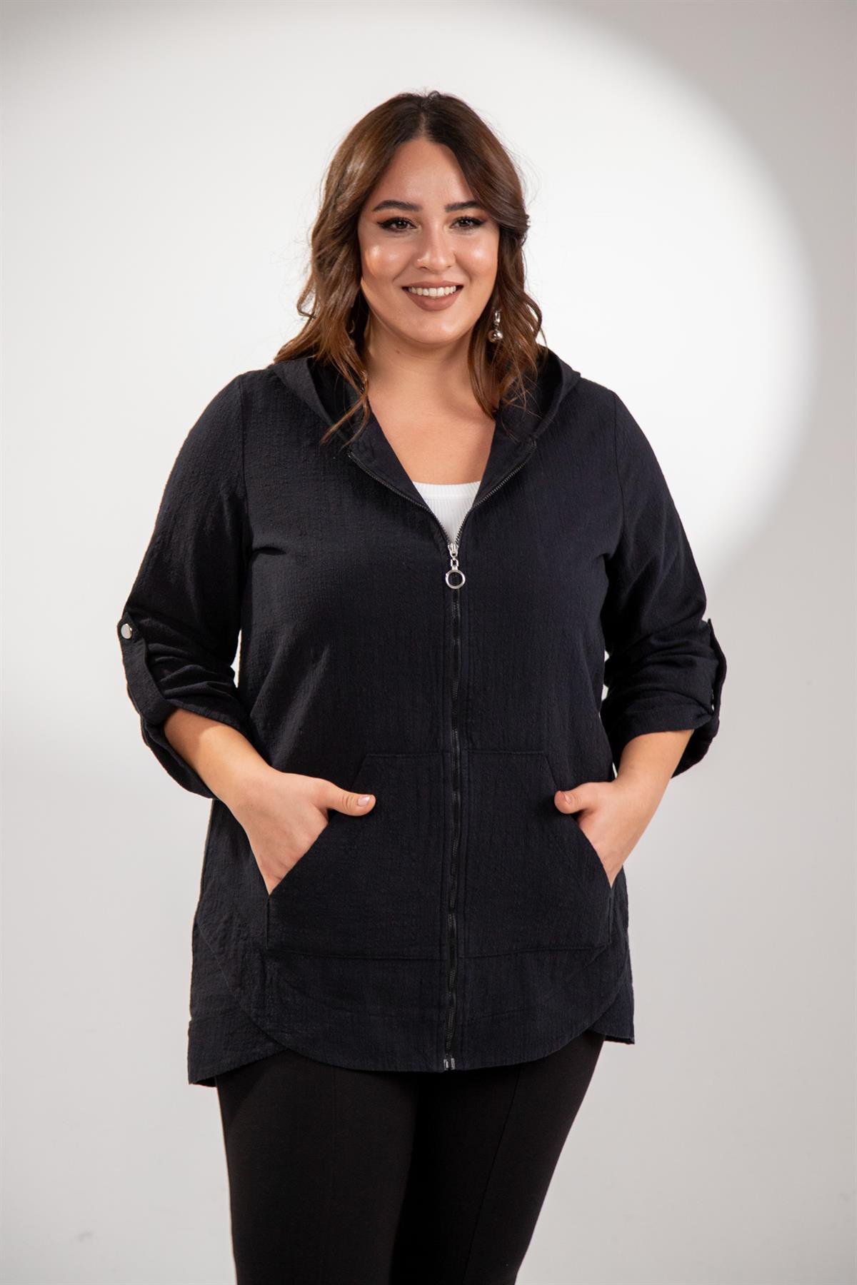 Büyük Beden 1211091 Kapüşonlu Keten Kap  Siyah