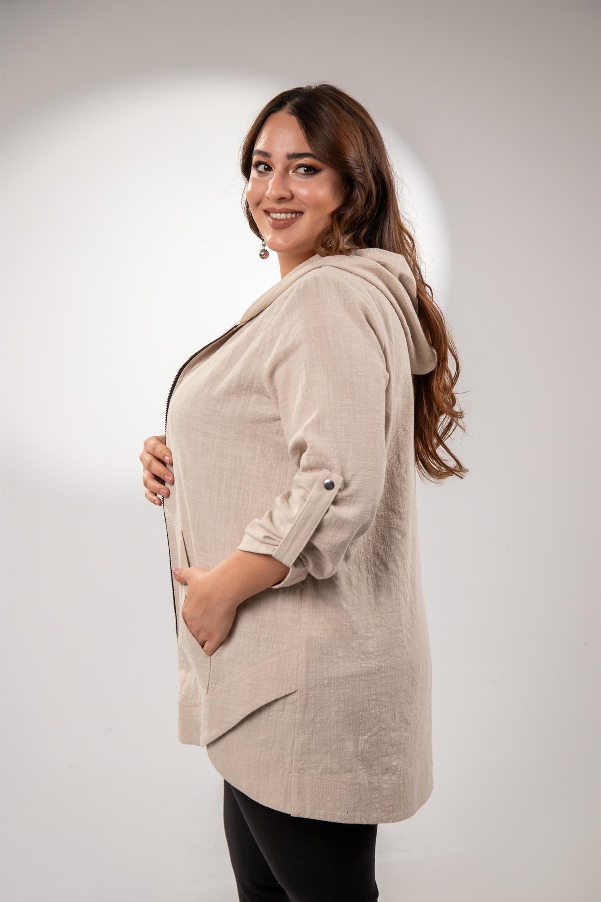 Büyük Beden 1211091 Kapüşonlu Keten Kap  Bej