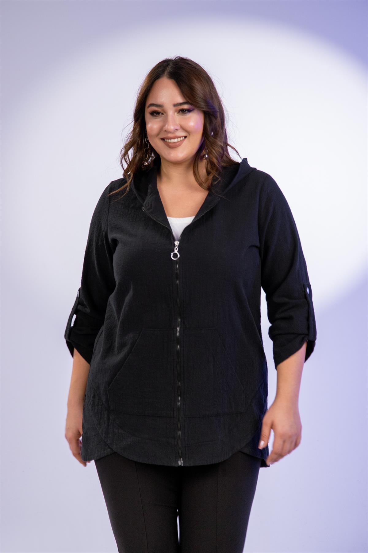 Büyük Beden 1211091 Kapüşonlu Keten Kap  Siyah