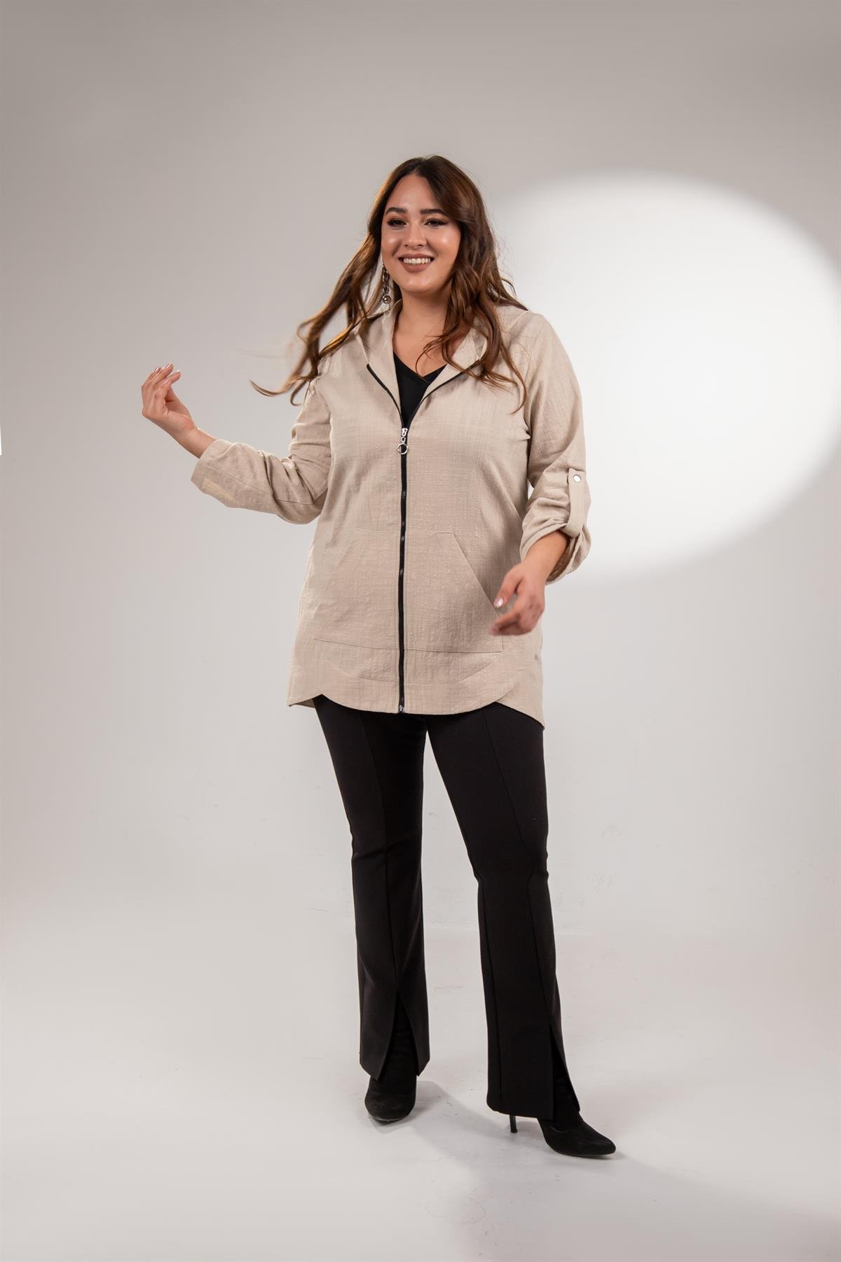 Büyük Beden 1211091 Kapüşonlu Keten Kap  Bej