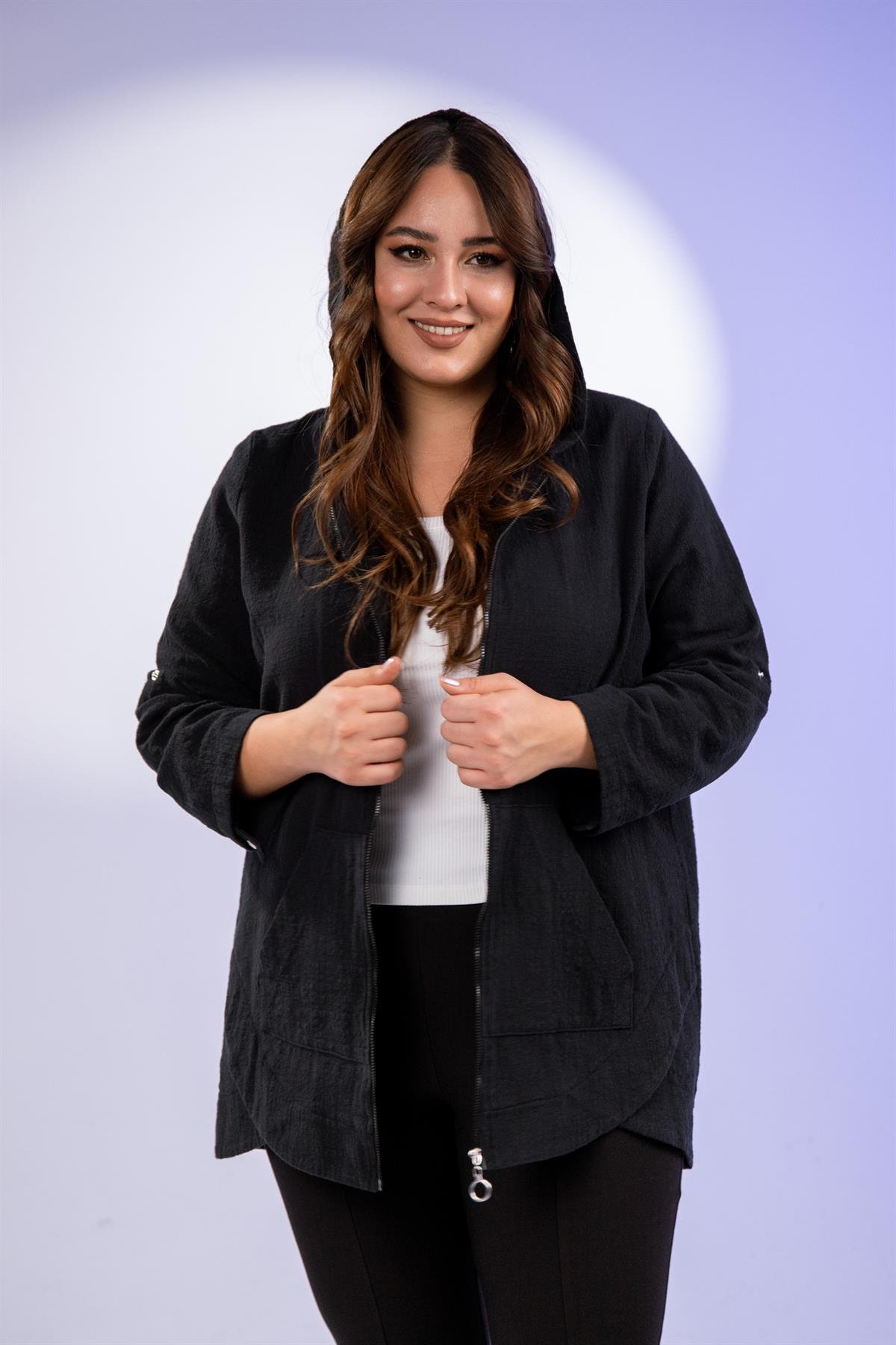 Büyük Beden 1211091 Kapüşonlu Keten Kap  Siyah