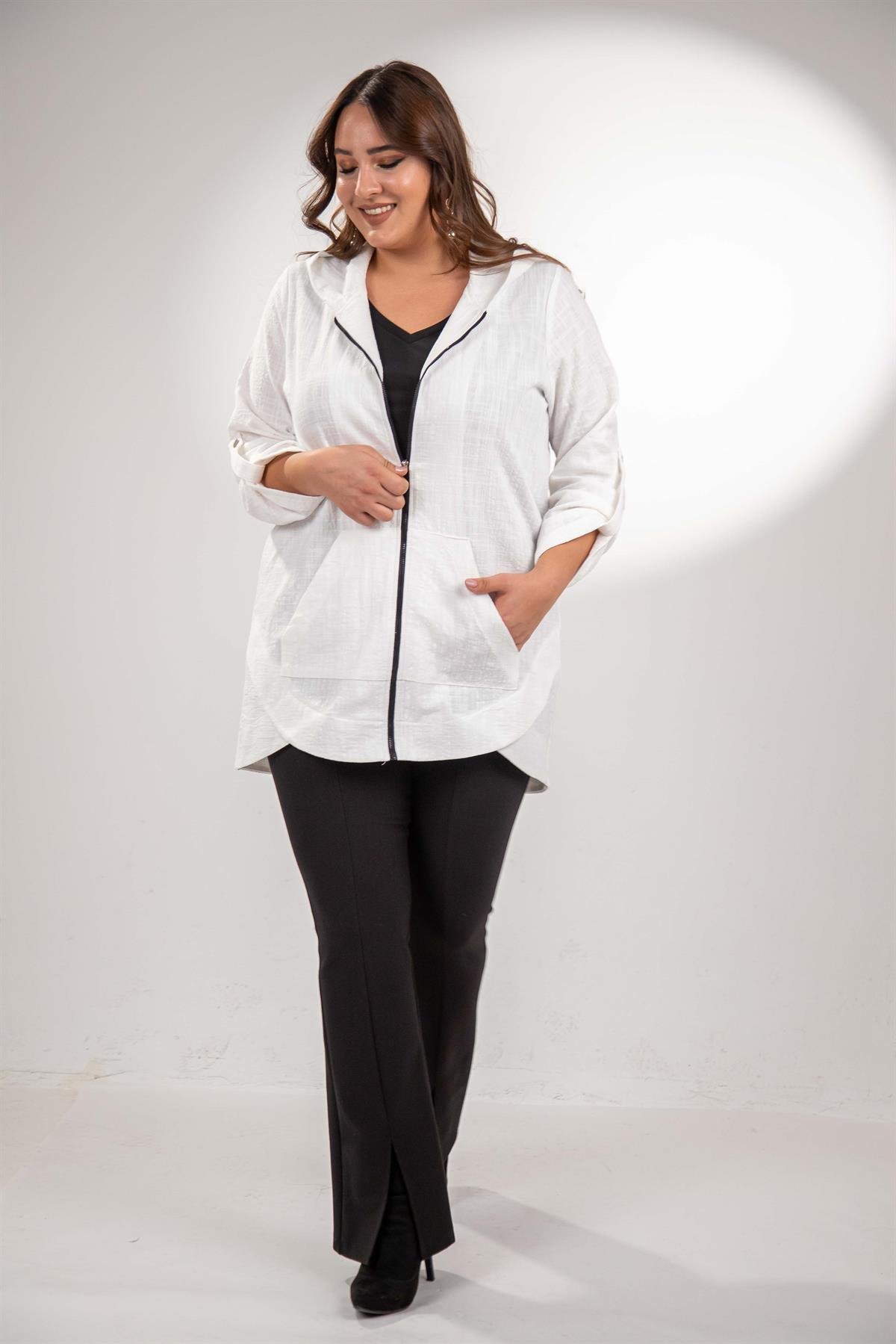 Büyük Beden 1211091 Kapüşonlu Keten Kap  Beyaz