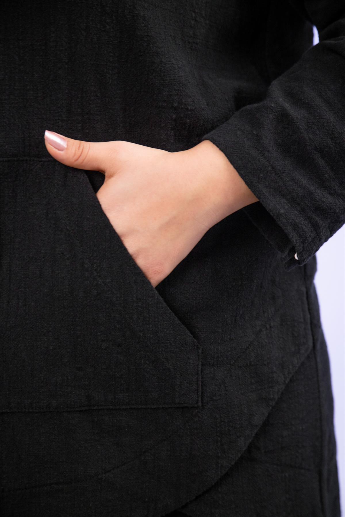 Büyük Beden 1211091 Kapüşonlu Keten Kap  Siyah