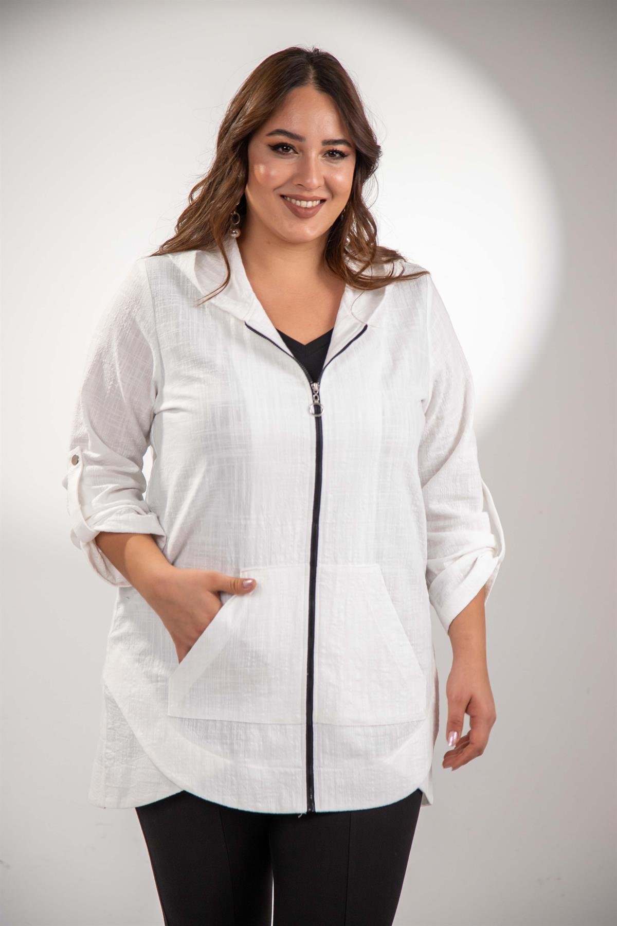 Büyük Beden 1211091 Kapüşonlu Keten Kap  Beyaz