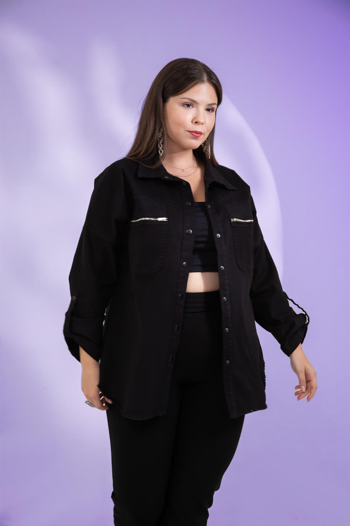 Büyük Beden 1211095 Cep Fermuarlı Gömlek Siyah