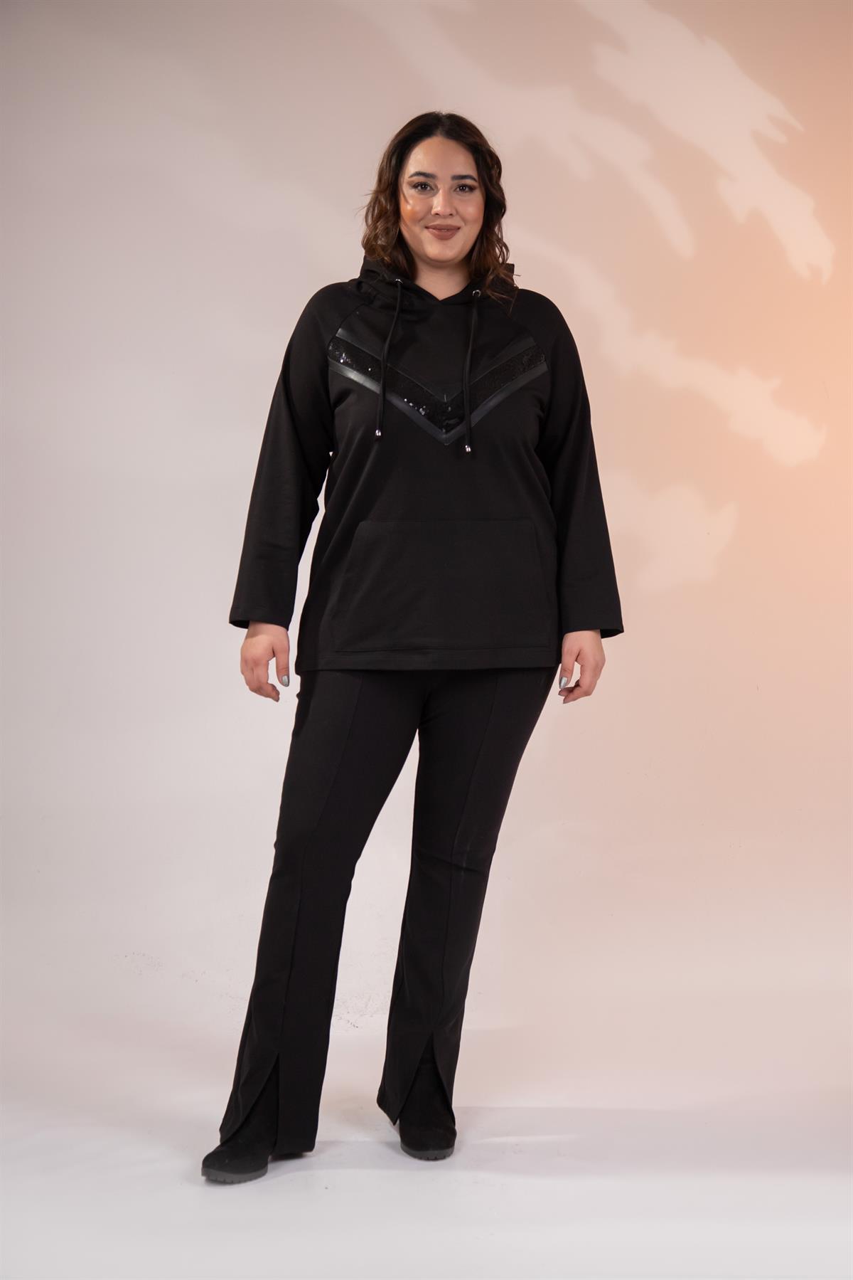 Büyük Beden 1211097 Önü Pul Payetli Sweat  Siyah