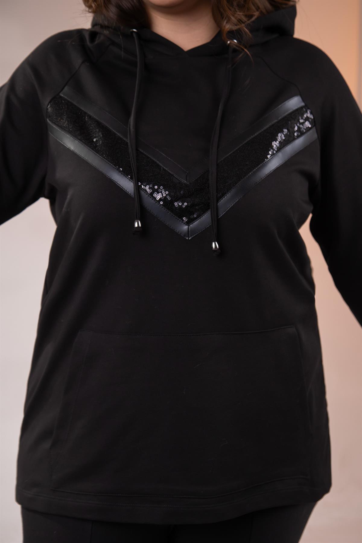 Büyük Beden 1211097 Önü Pul Payetli Sweat  Siyah