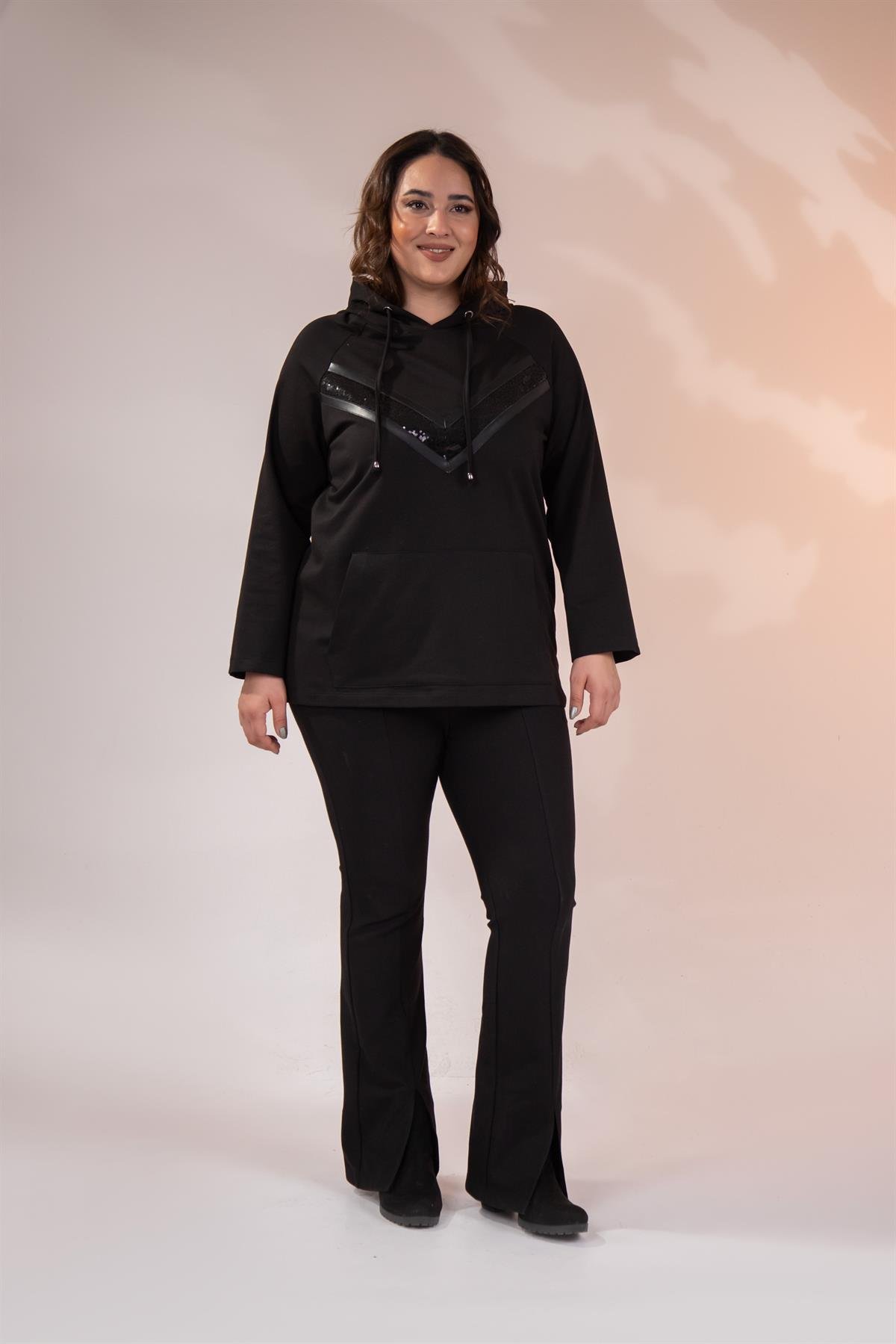 Büyük Beden 1211097 Önü Pul Payetli Sweat  Siyah