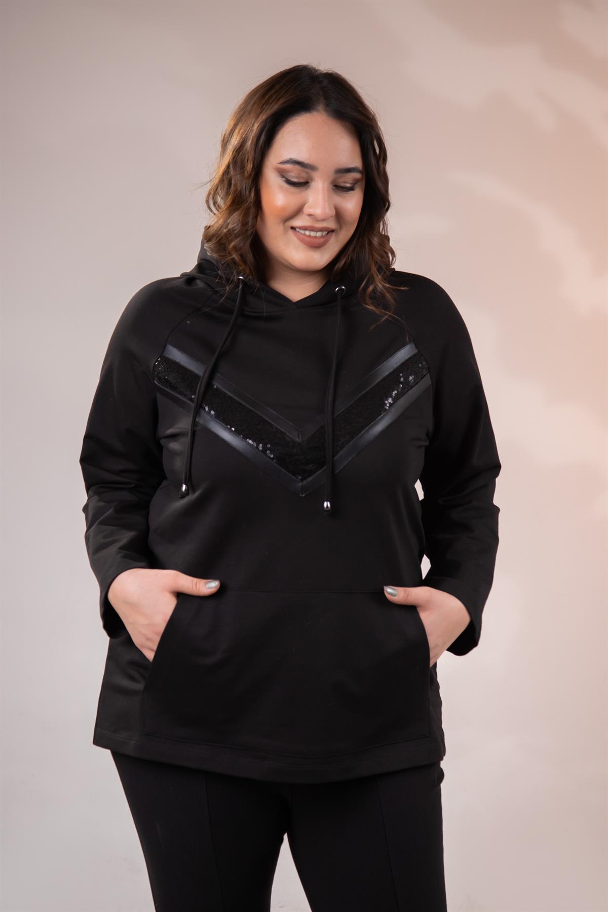 Büyük Beden 1211097 Önü Pul Payetli Sweat  Siyah