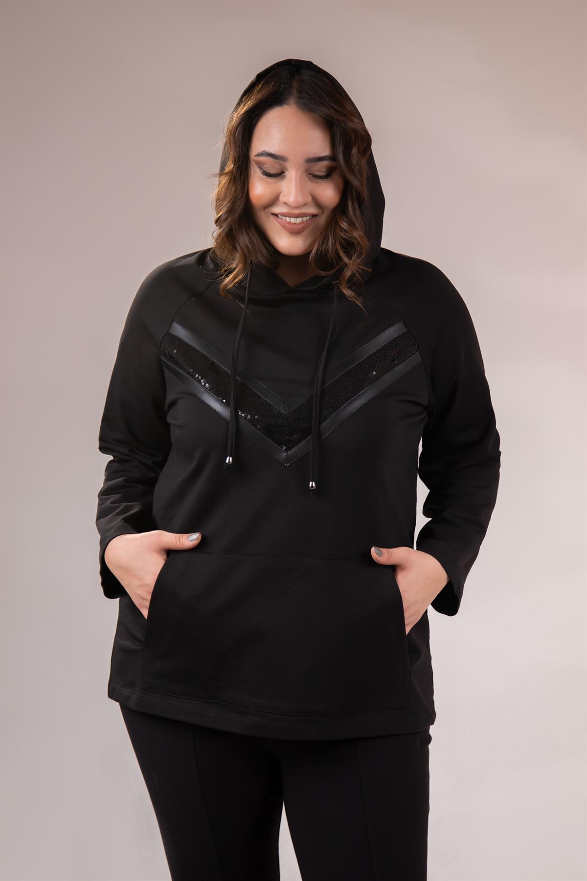 Büyük Beden 1211097 Önü Pul Payetli Sweat  Siyah