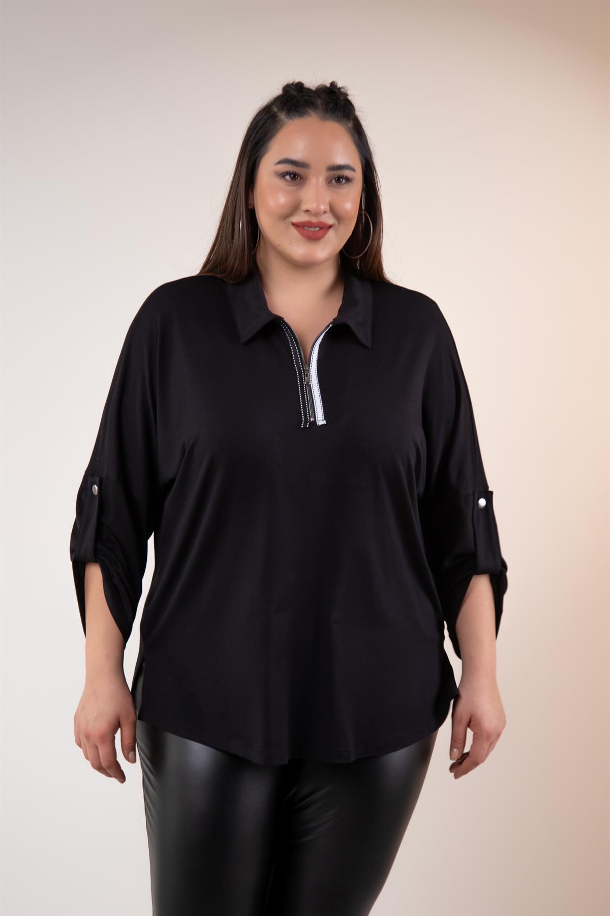 Büyük Beden 1212015 Yaka Detaylı Bluz Siyah