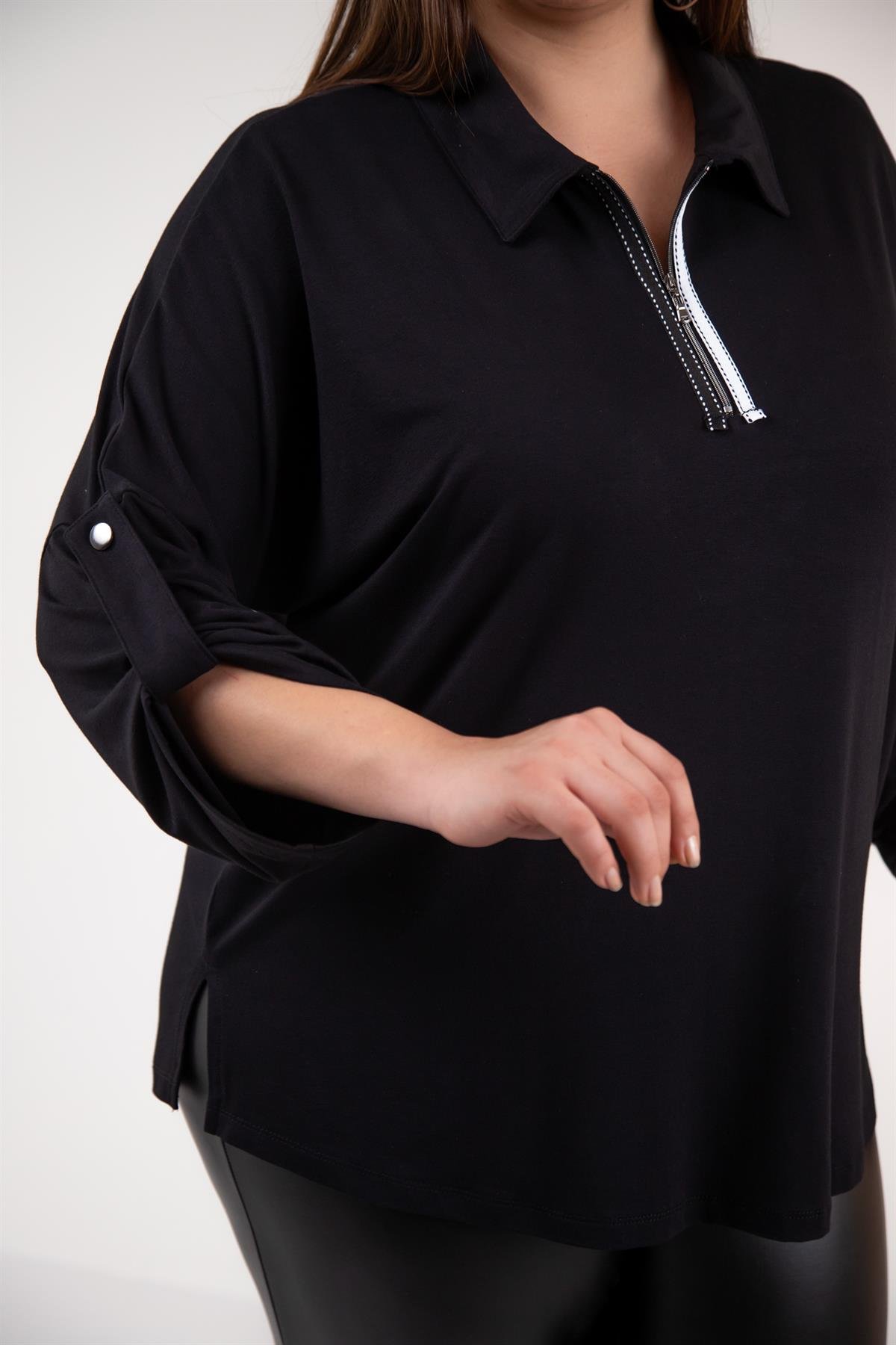 Büyük Beden 1212015 Yaka Detaylı Bluz Siyah
