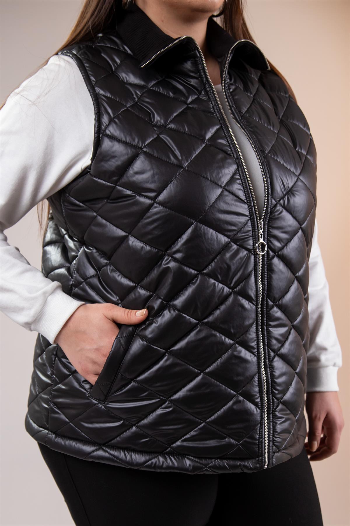 Büyük Beden 1212016 Fermuarlı  Kapitone Yelek Siyah