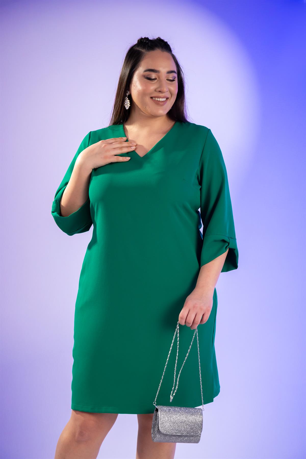 Büyük Beden 1212018 Kol Detaylı V Yaka Elbise  Yeşil