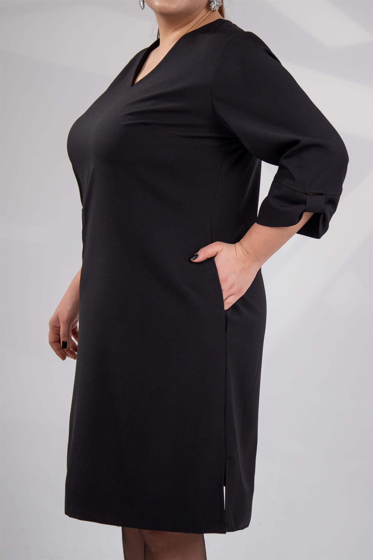 Büyük Beden 1212018 Kol Detaylı V Yaka Elbise  Siyah