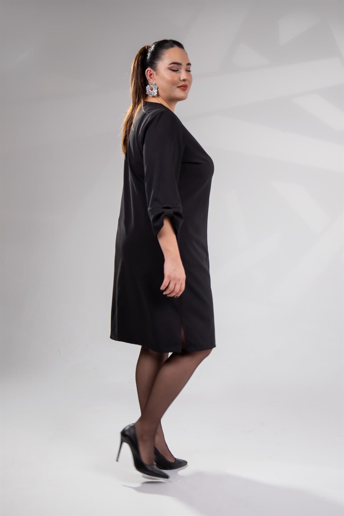 Büyük Beden 1212018 Kol Detaylı V Yaka Elbise  Siyah