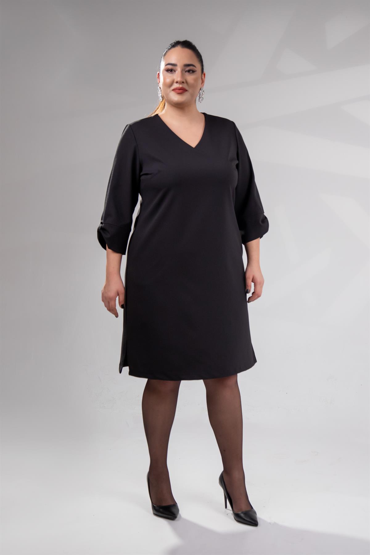 Büyük Beden 1212018 Kol Detaylı V Yaka Elbise  Siyah