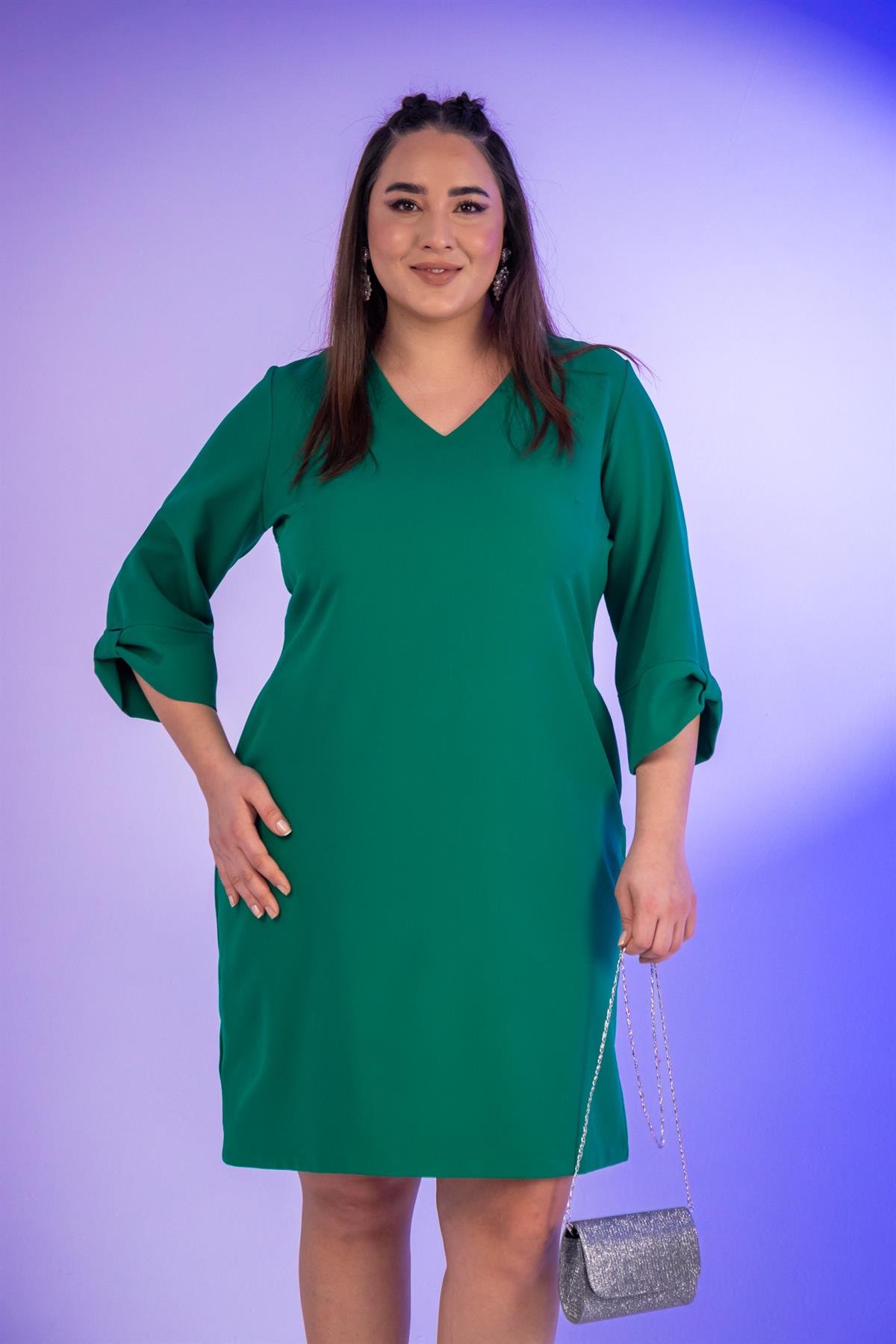 Büyük Beden 1212018 Kol Detaylı V Yaka Elbise  Yeşil