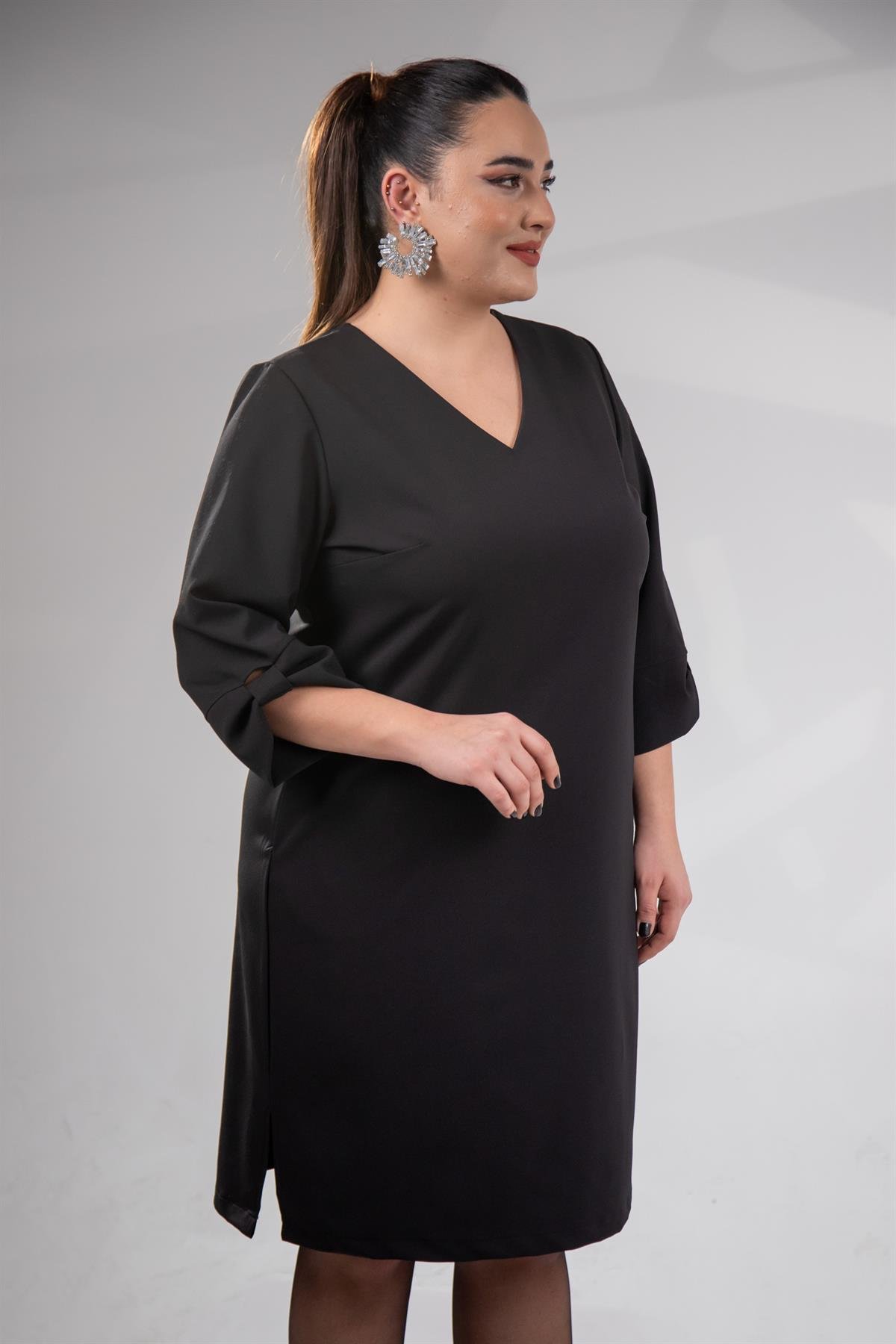 Büyük Beden 1212018 Kol Detaylı V Yaka Elbise  Siyah