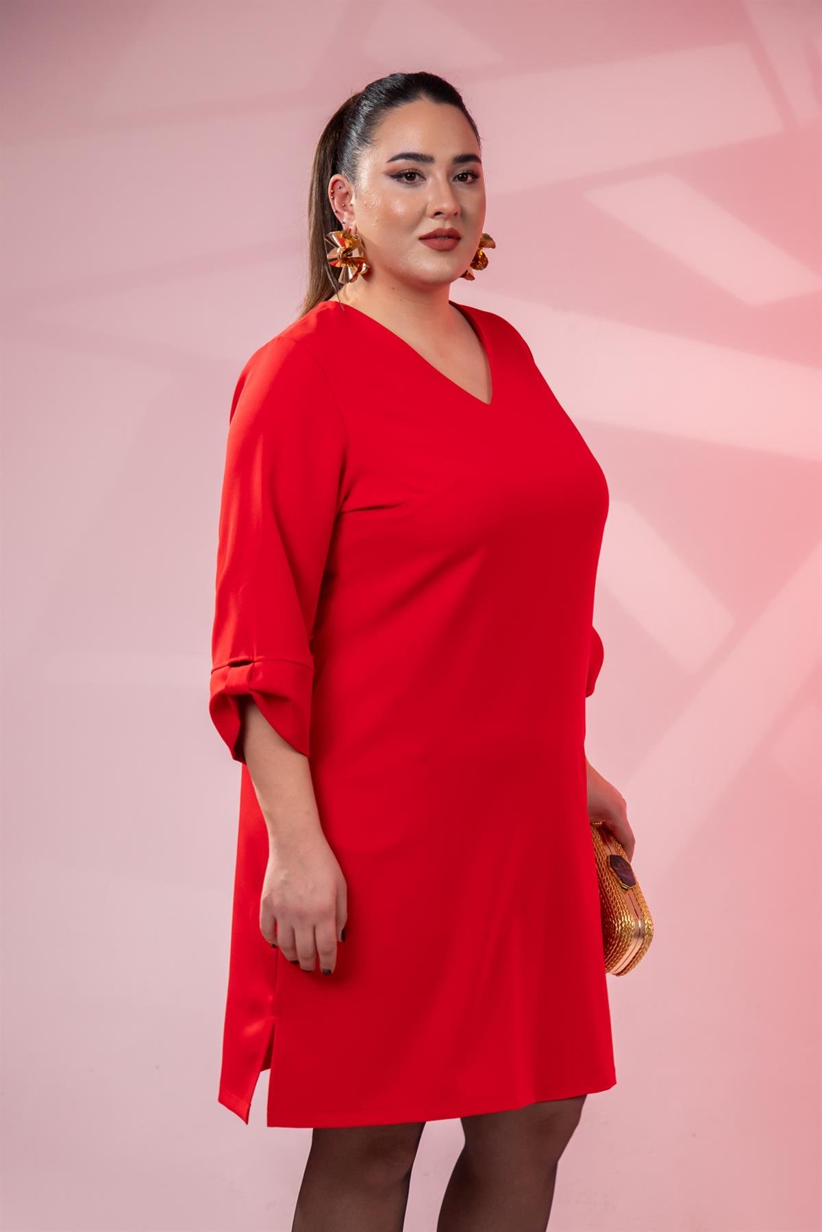 Büyük Beden 1212018 Kol Detaylı V Yaka Elbise  Kırmızı
