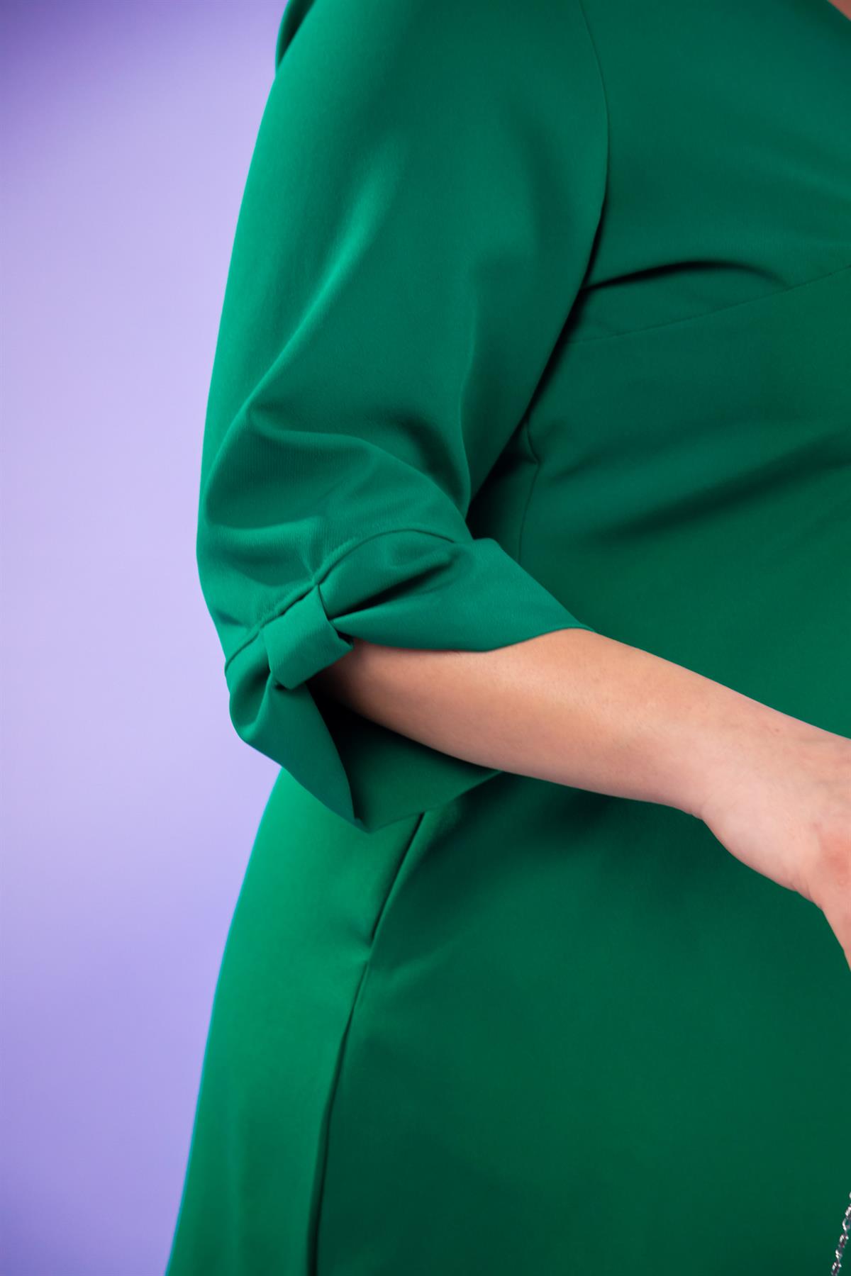 Büyük Beden 1212018 Kol Detaylı V Yaka Elbise  Yeşil