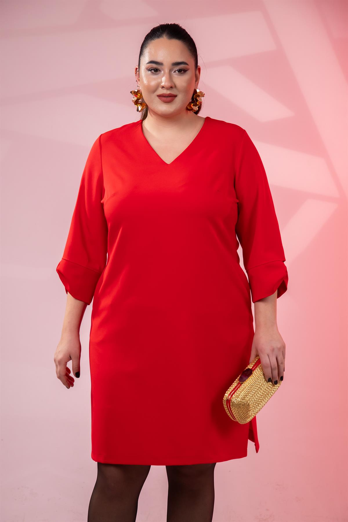 Büyük Beden 1212018 Kol Detaylı V Yaka Elbise  Kırmızı
