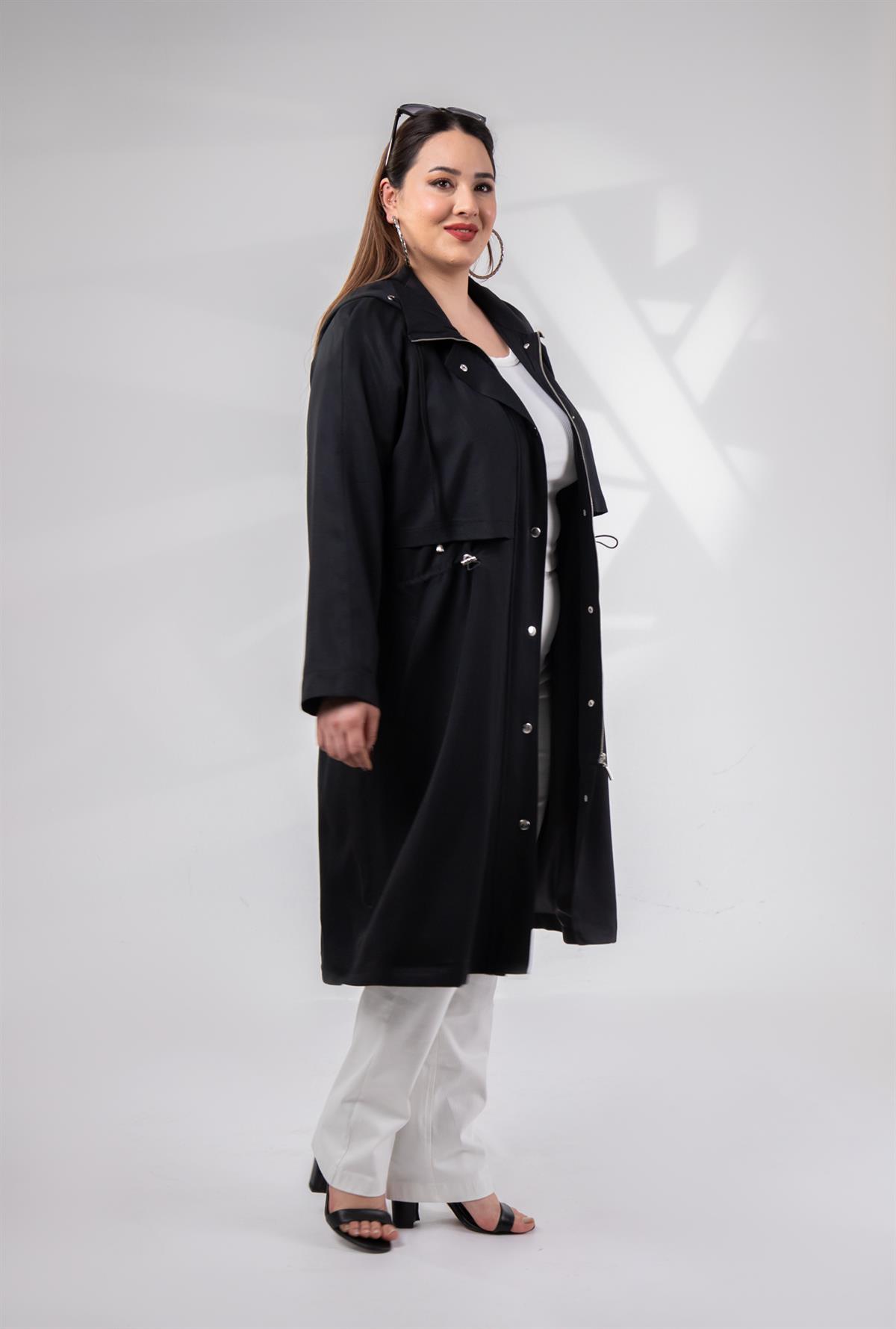 Büyük Beden 1212021 Kapüşonlu Trençkot  Siyah