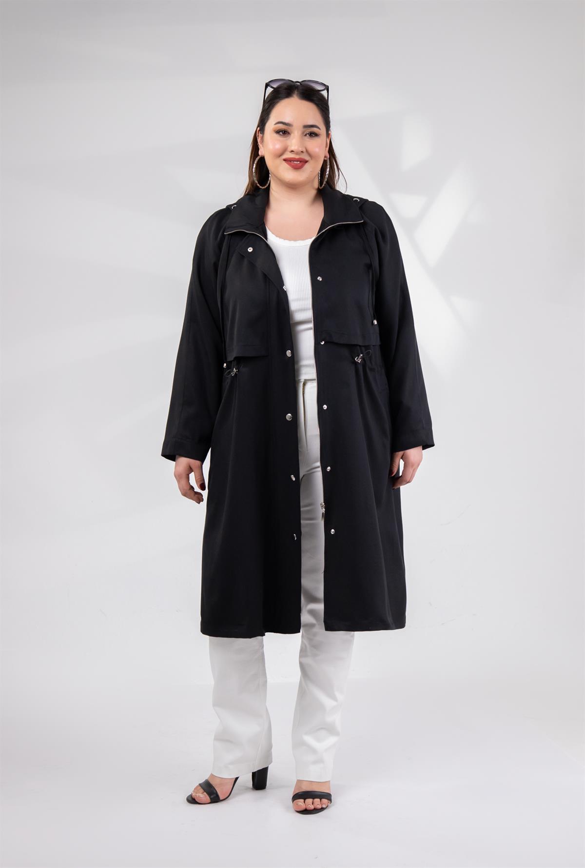 Büyük Beden 1212021 Kapüşonlu Trençkot  Siyah