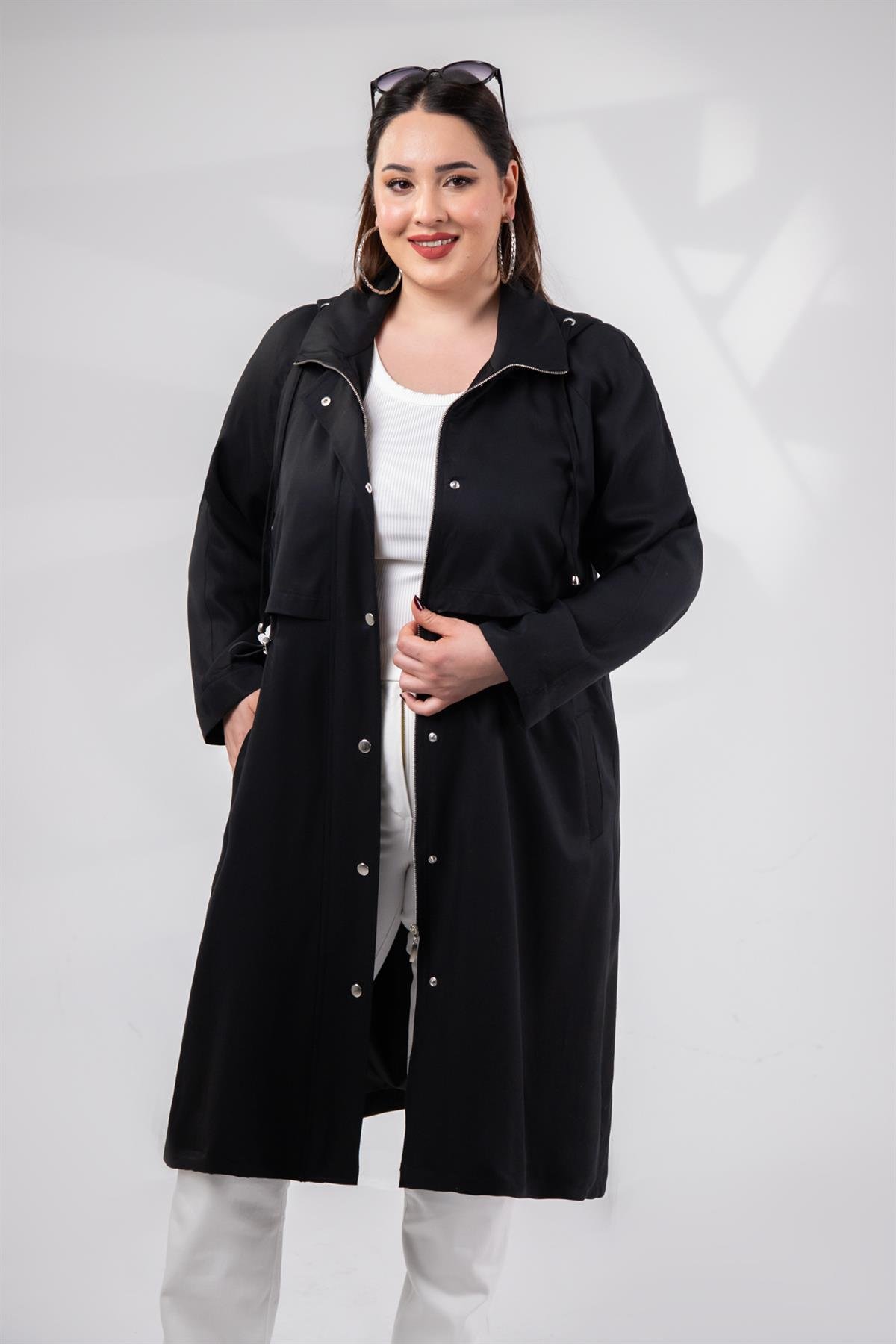 Büyük Beden 1212021 Kapüşonlu Trençkot  Siyah