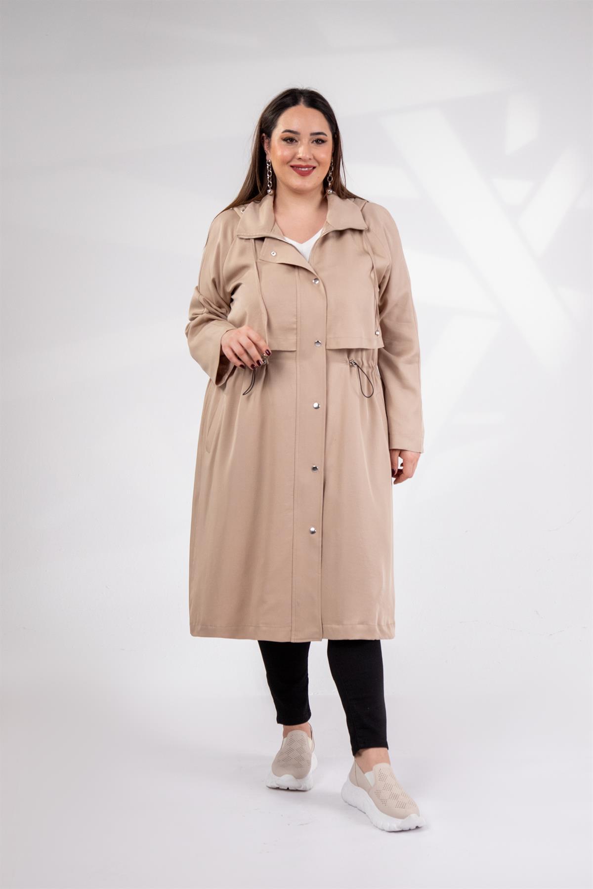 Büyük Beden 1212021 Kapüşonlu Trençkot  Bej
