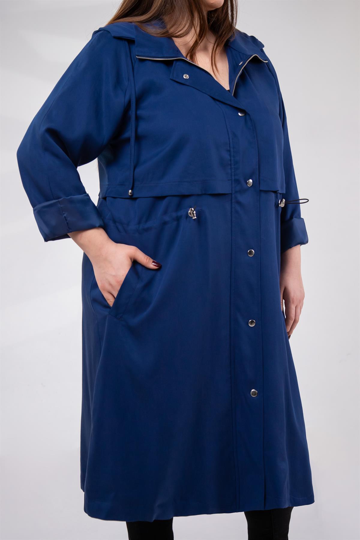 Büyük Beden 1212021 Kapüşonlu Trençkot  Lacıvert