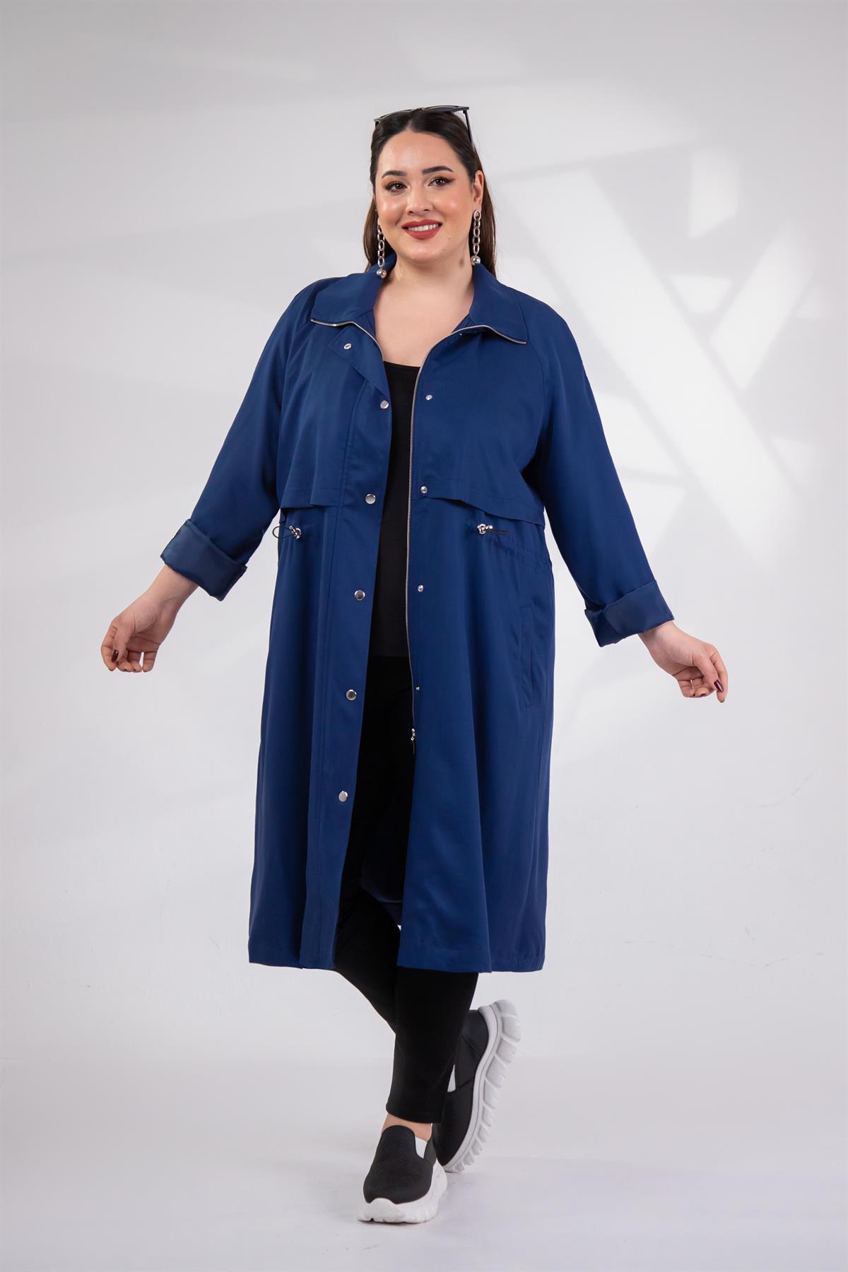 Büyük Beden 1212021 Kapüşonlu Trençkot  Lacıvert